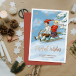 Niedliche Vintage Kinder Rodelbahn | Freuen Sie si Folien Feiertagskarte<br><div class="desc">Diese niedliche, personalisierte Weihnachtskarte zeigt ein Gemälde eines Jungen und Mädchens, das einen Hügel hinunter schwamm. Echter Folientext und Akzente fügen eine einzigartige Touch hinzu. Bestimmte Gestaltungselemente wurden aus einem Vintagen Gemälde übernommen und neu verwendet/neu gestaltet. Die Rückseite enthält mehr Vorlagen für eine weitere Personalisierung, und sowohl Text- als auch...</div>