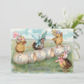 Niedliche Vintage Küken in Osterbonnets Feiertagskarte (Stehend Vorderseite)