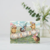 Niedliche Vintage Küken in Osterbonnets Postkarte (Stehend Vorderseite)