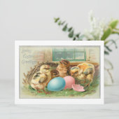Niedliche Vintage Küken und Ostereier Feiertagskarte (Stehend Vorderseite)