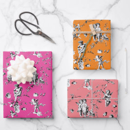 Niedliche Vintage Kupiden Engel Blumentoile Rosa Geschenkpapier Set