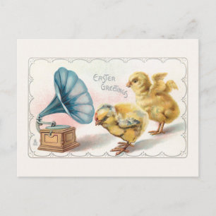 Niedliche Vintage Osterchicks und Gramophon Postkarte