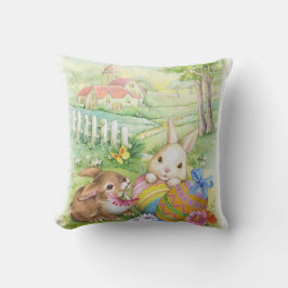 Niedliche Vintage Osterhasen mit Eiern und Kirche Kissen