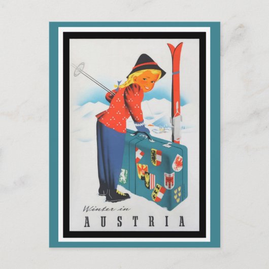 Niedliche Vintage Österreicher Alpen Skifahren Postkarte (Vorderseite)