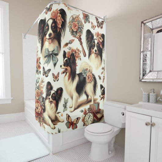 Niedliche Vintage Papillon Dog Illustration Duschvorhang (Beispiel)
