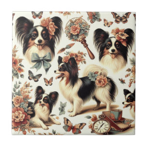 Niedliche Vintage Papillon Dog Illustration Fliese