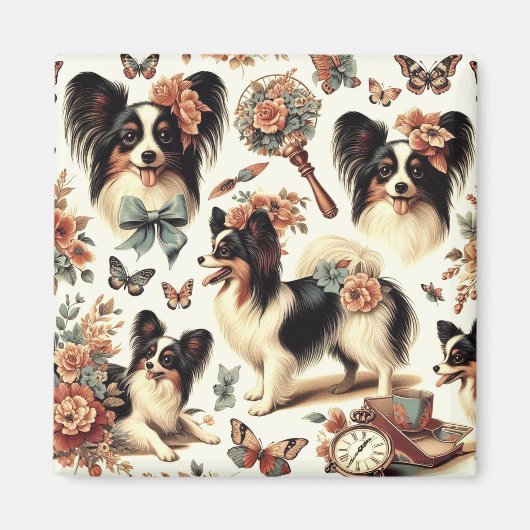 Niedliche Vintage Papillon Dog Illustration Magnet (Vorne)