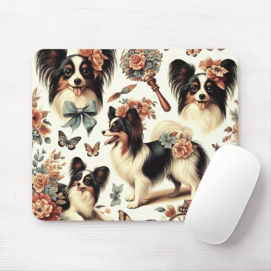 Niedliche Vintage Papillon Dog Illustration Mousepad (Mit Mouse)