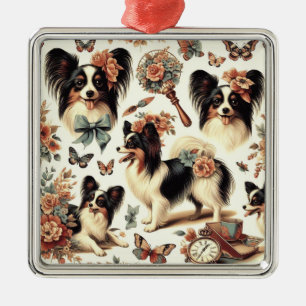 Niedliche Vintage Papillon Dog Illustration Ornament Aus Metall