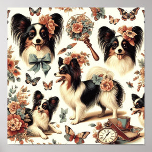 Niedliche Vintage Papillon Dog Illustration Poster
