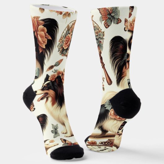 Niedliche Vintage Papillon Dog Illustration Socken (Gewinkelt)