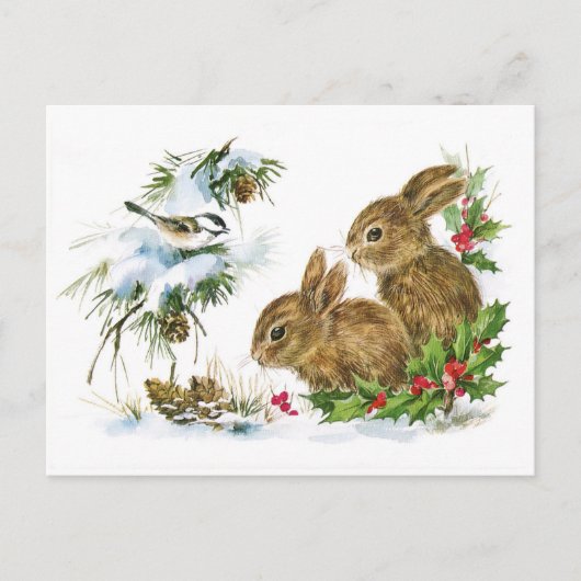 Niedliche Vintage Rabbits Weihnachtslandschaft Feiertagspostkarte (Vorderseite)