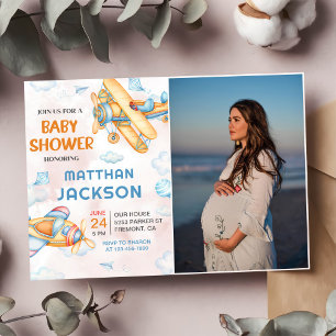 Niedliche Vintage Retro Gelbe Airplane Babydusche Einladung