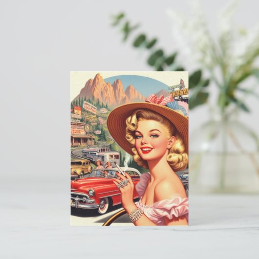Niedliche Vintage Retro Girl-Malerei Postkarte (Stehend Vorderseite)
