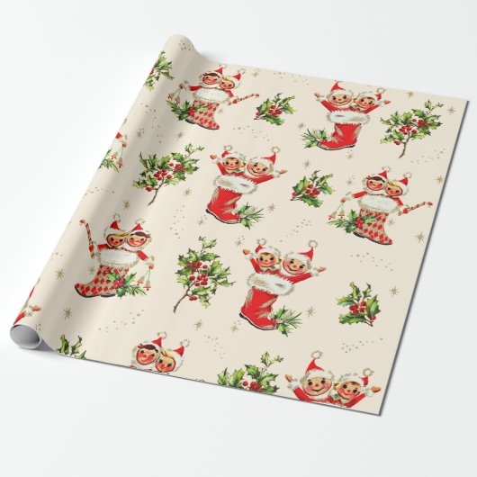 Niedliche Vintage Retro Weihnachten Rote Grüne Elf Geschenkpapier (Ungerollt)