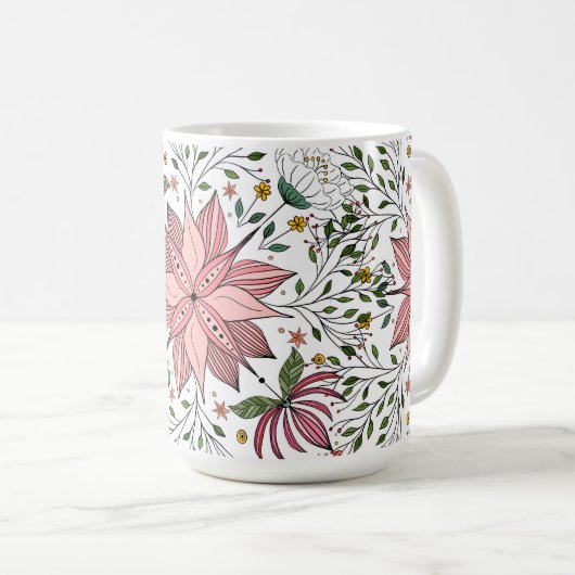Niedliche Vintage rosa Blumendoodles Kunst Kaffeetasse (VorderseiteRechts)