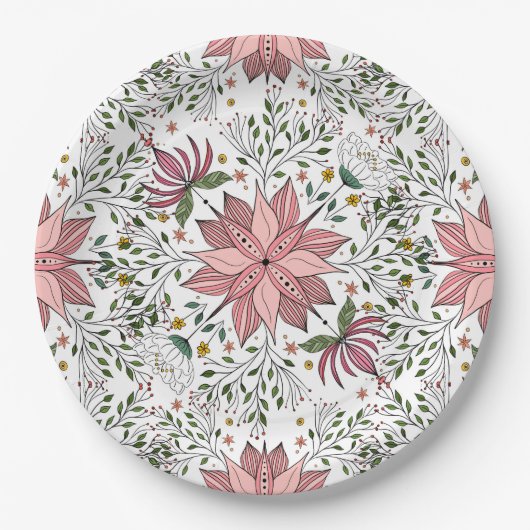 Niedliche Vintage rosa Blumendoodles Kunst Pappteller (Vorderseite)