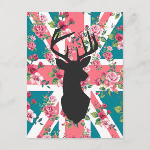 Niedliche Vintage Rose, U.K. Union Jack Flag, Hirs Postkarte