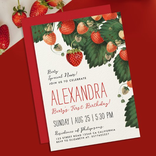 Niedliche Vintage Rote Erdbeeren Früchte Erstbotan Einladung