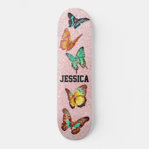 Niedliche Vintage Schmetterlinge Glitzer Rose Mono Skateboard