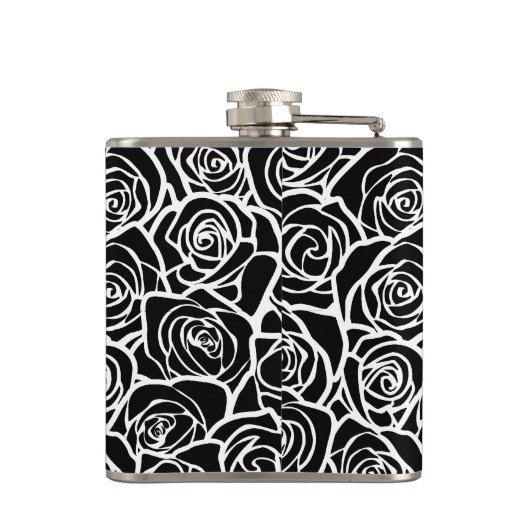 Niedliche Vintage Schwarz-Weiß-Rosen Flachmann (Rückseite)