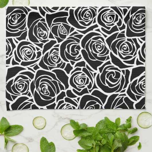 Niedliche Vintage Schwarz-Weiß-Rosen Küchentuch (Gefaltet)