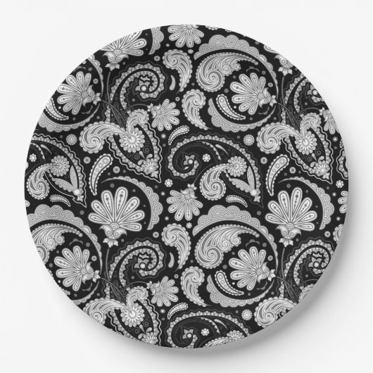 Niedliche Vintage Schwarz-weiße Paisley-Muster Pappteller (Vorderseite)
