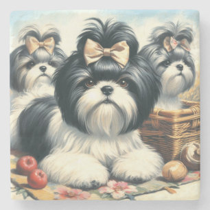 Niedliche Vintage Shih-Tzu-Malerei Steinuntersetzer