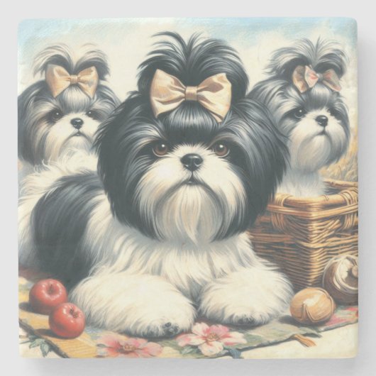 Niedliche Vintage Shih-Tzu-Malerei Steinuntersetzer (Vorderseite)