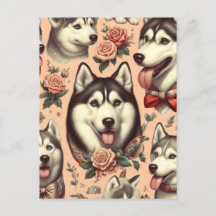Niedliche Vintage sibirische Husky-Illustration Postkarte