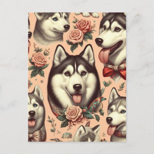Niedliche Vintage sibirische Husky-Illustration Postkarte (Vorderseite)