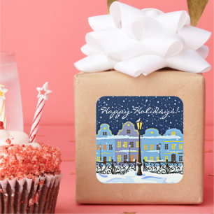 Niedliche Vintage Stadthäuser in verschneiten Land Quadratischer Aufkleber