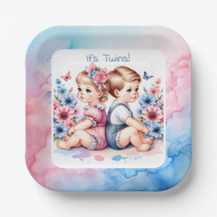 Niedliche Vintage Twins   Junge und Mädchen Pappteller