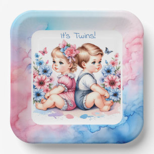 Niedliche Vintage Twins   Junge und Mädchen Pappteller