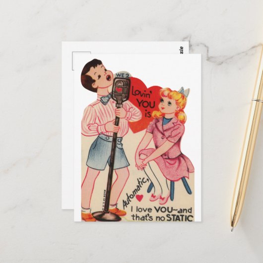 niedliche Vintage Valentinstatik Postkarte (Vorderseite/Rückseite Beispiel)