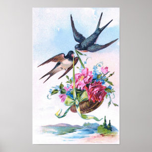 Niedliche Vintage Vögel u. Blumen mit Blumen Poster