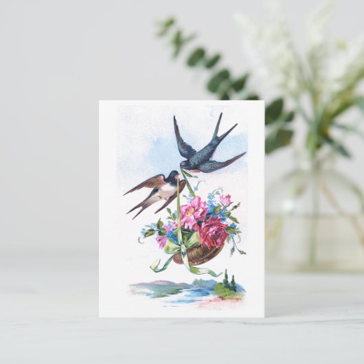 Niedliche Vintage Vögel und Blume Postkarte (Stehend Vorderseite)