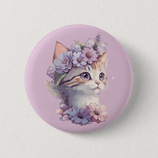 Niedliche Violett Wasserfarbe Katze mit Flora Button (Vorderseite)