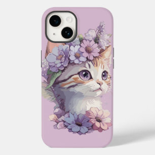 Niedliche Violett Wasserfarbe Katze mit Flora Case-Mate iPhone 14 Hülle