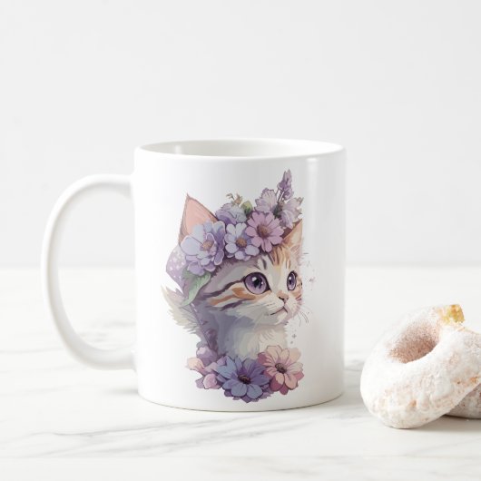 Niedliche Violett Wasserfarbe Katze mit Flora Kaffeetasse (Mit Donut)