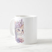 Niedliche Violett Wasserfarbe Katze mit Flora Kaffeetasse (Vorderseite Links)