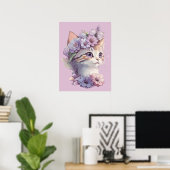Niedliche Violett Wasserfarbe Katze mit Flora Poster (Heimbüro)