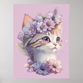 Niedliche Violett Wasserfarbe Katze mit Flora Poster