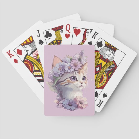 Niedliche Violett Wasserfarbe Katze mit Flora Spielkarten (Rückseite)
