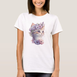 Niedliche Violett Wasserfarbe Katze mit Flora T-Shirt