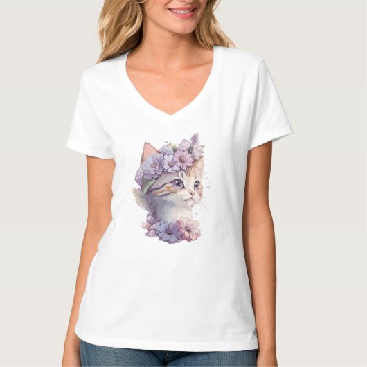 Niedliche Violett Wasserfarbe Katze mit Flora T-Shirt (Vorderseite)