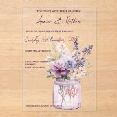 Niedliche violette Blumen in Mason Jar Blumenzehen Acryleinladungen (Vorderseite)