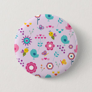 Niedliche Vögel, Bienen und Blume - Illustration Button
