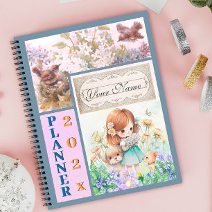 Niedliche Vögel, Blume, kleine Mädchen und Welpen Planer