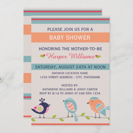 Niedliche Vögel - Einladung zur Kinderdusche (Vorne/Hinten)